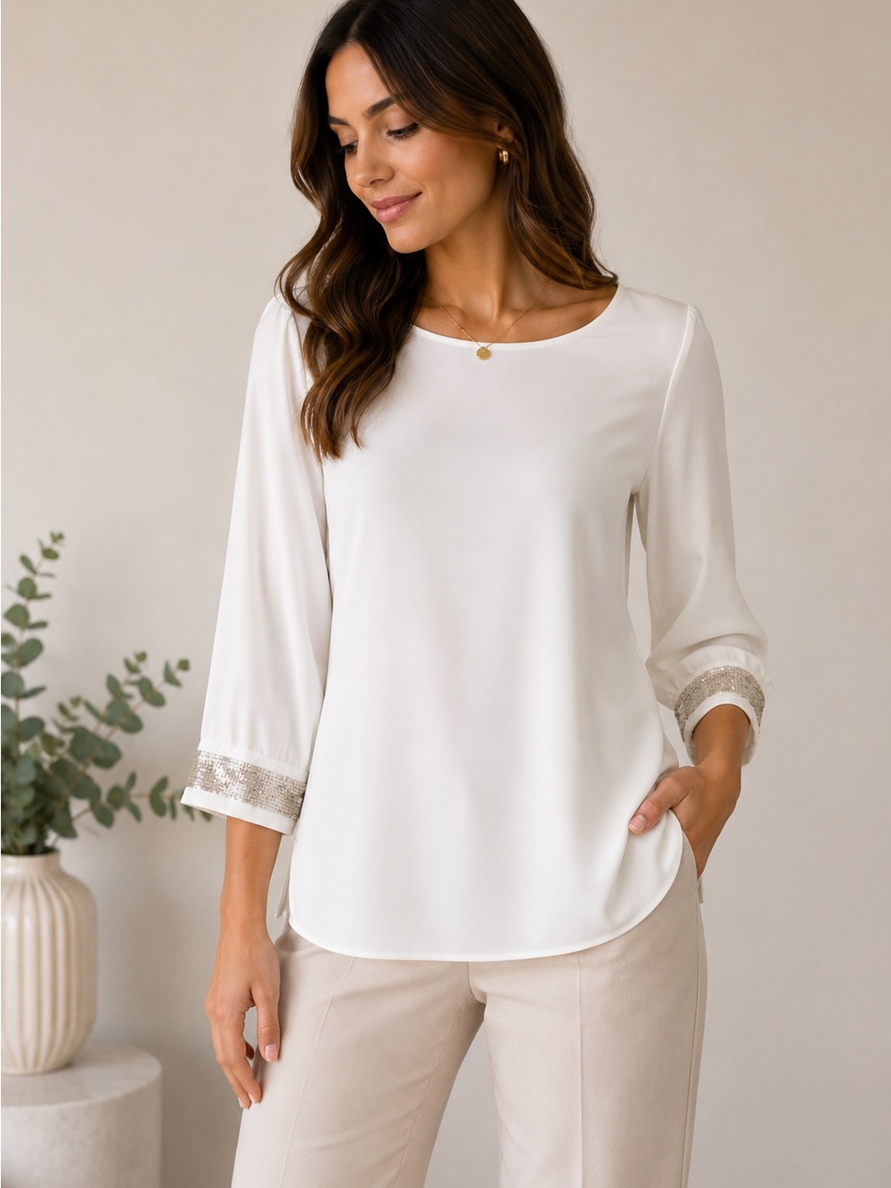 Black Label Cream Round-Neck Blouse with Embellished Cuffs